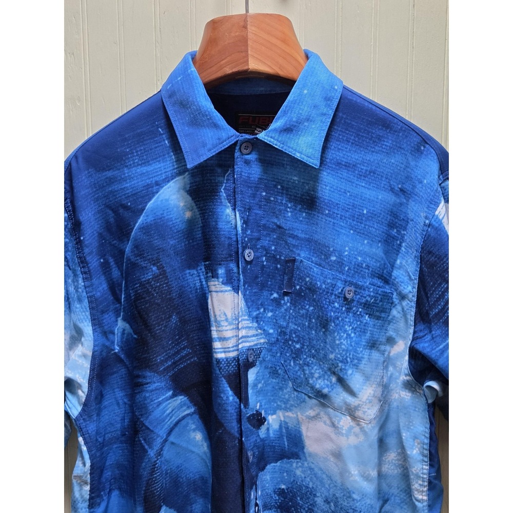 FUBU Shirt Mens Large Blue Allover Graphic Short‎ Sleeve Button Front Streetwear